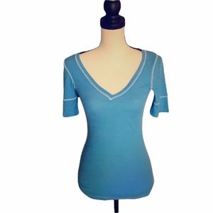 Love Rocks Blue Ribbed Deep V Neck Shirt